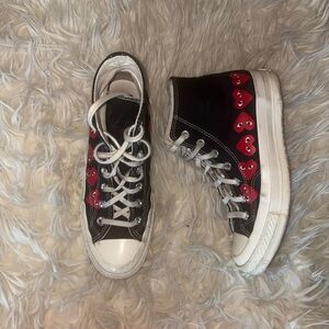 Black Canvas High-Top Sneakers with Red Heart Detail cdg